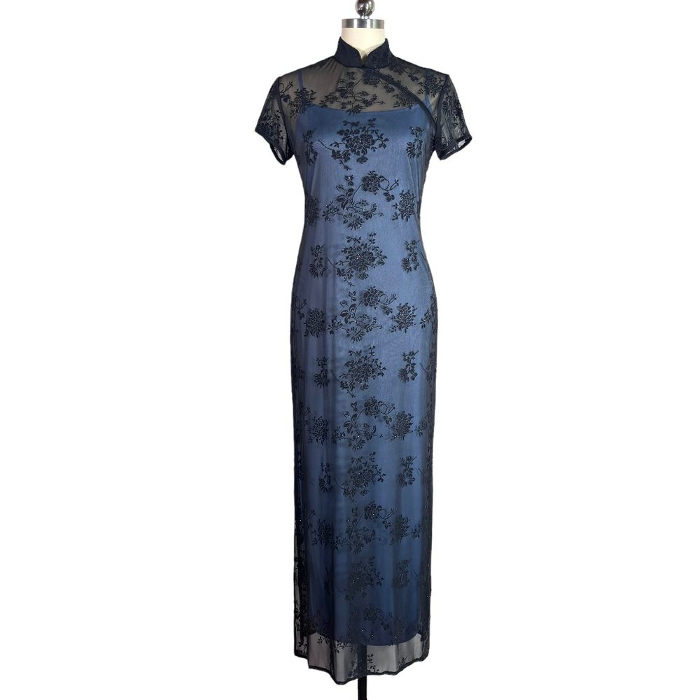 vintage 90s y2k black mesh maxi evening dress M sheer long cheongsam goth vtg
